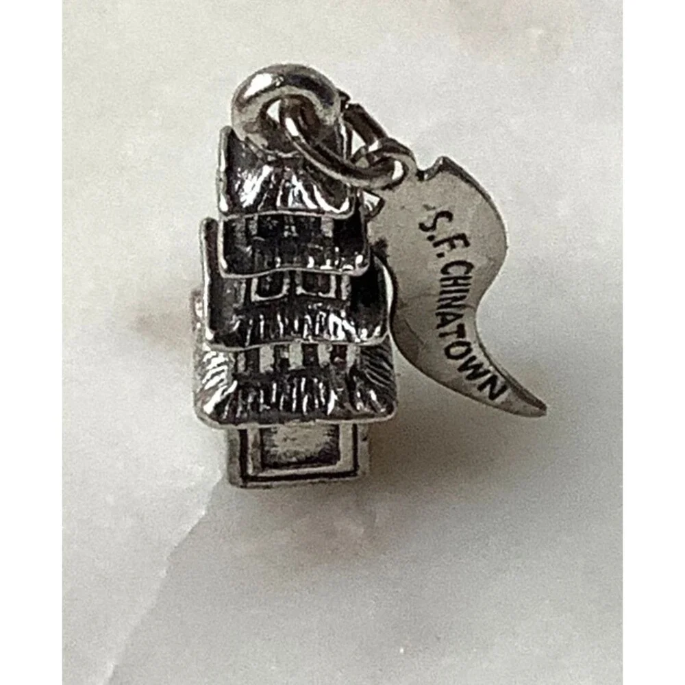 Vintage Chinatown Charm San Francisco Pagoda Nickel Silver Pendant Signed